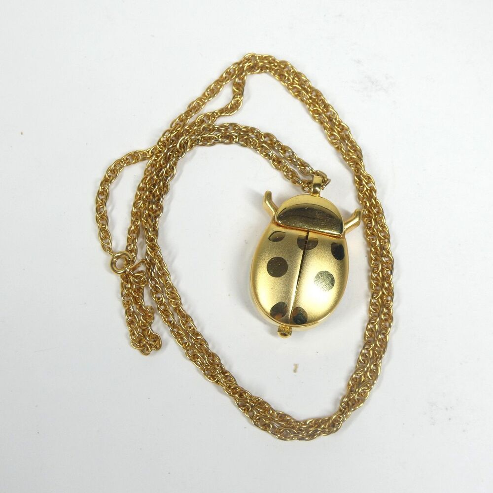 Gold Ladybag Watch Necklace Folding Wings Collezio Vintage Beetle Lady Bug